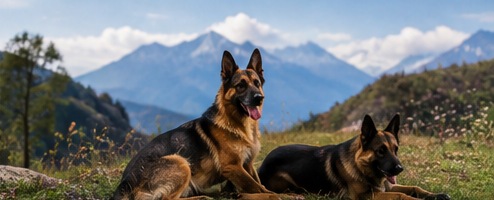 Two German Shepherds resting on a mountain meadow