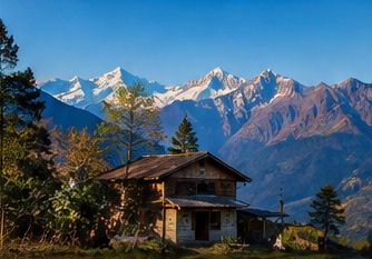 A wooden mountain home below Himalayan peaks