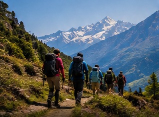 Trekkers walking a mountain trail with snow peaks behind